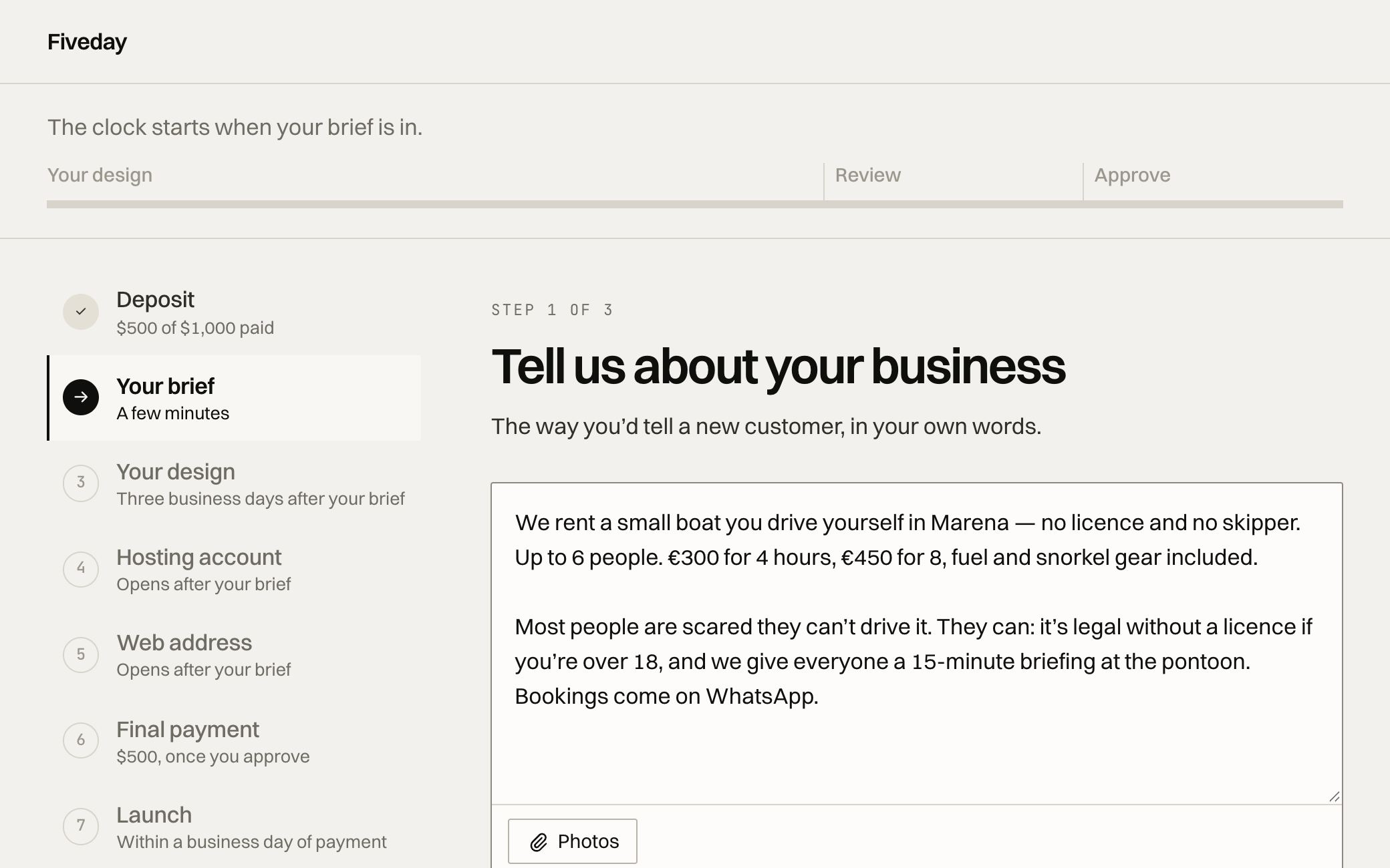 The project page on day zero: the brief open, with a few sentences about a boat rental typed in.