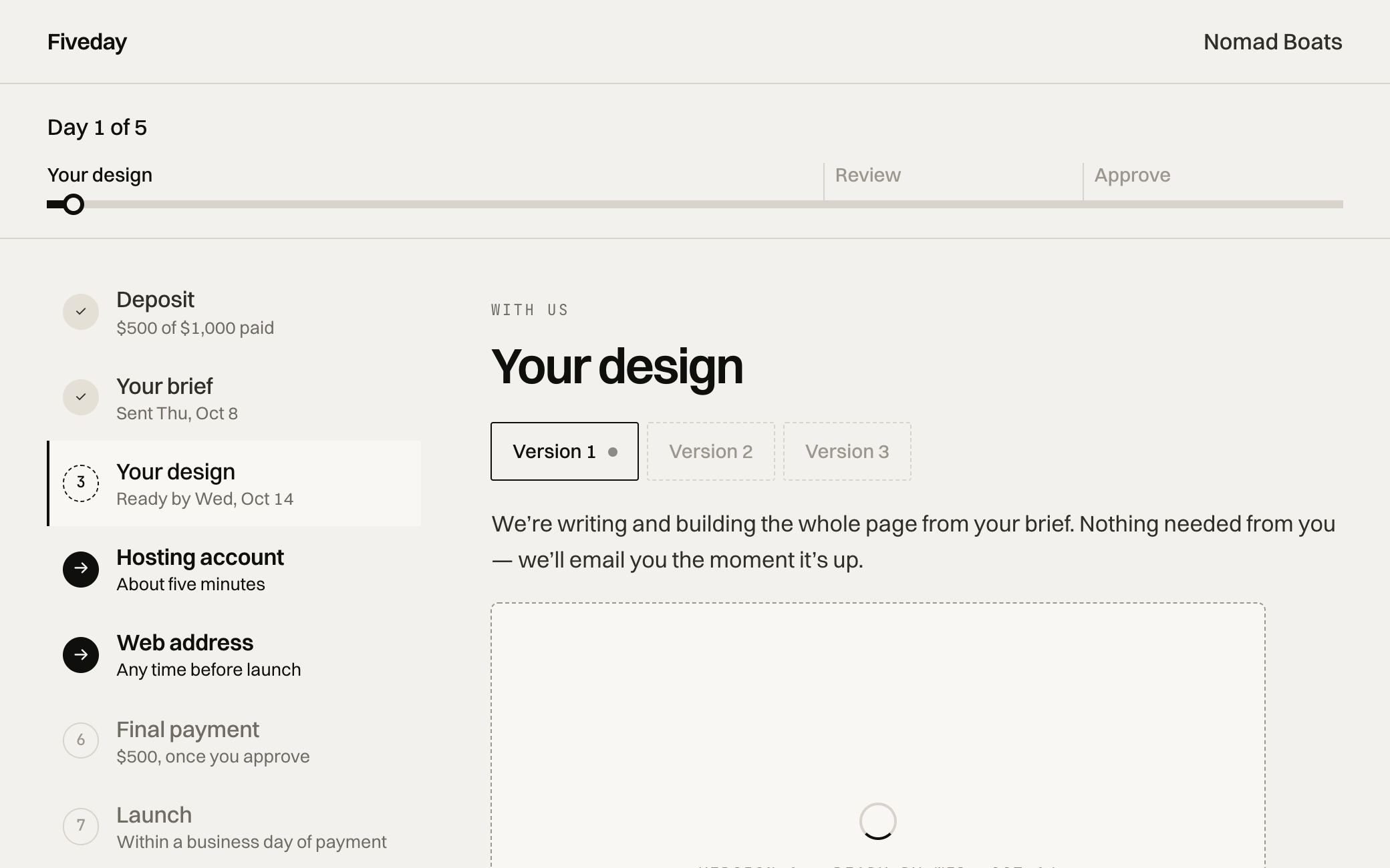 The project page while the page is being built: day one of five, the design with us and a date it will be ready.